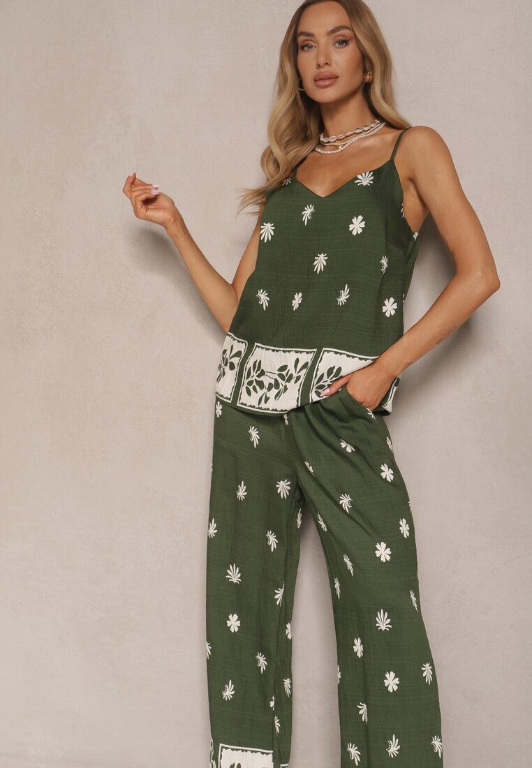h&s Set Floral Verde închis din Vâscoză Pantaloni și Bluză cu bretele Beldisa