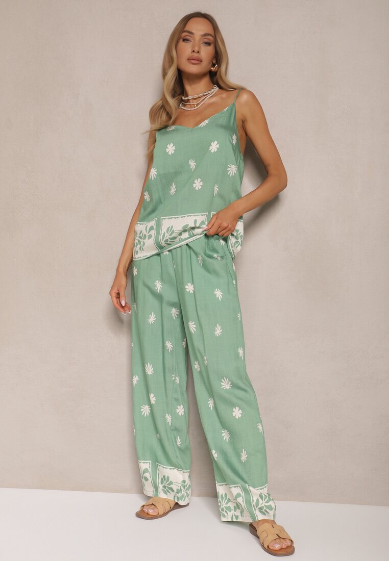 h&s Set Mentă Floral din Viscoză Pantaloni și Maiou cu bretele Beldisa
