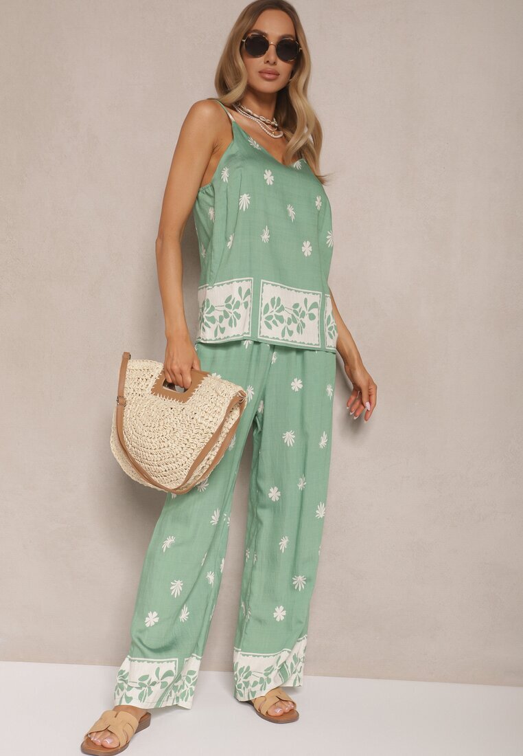 h&s Set Mentă Floral din Viscoză Pantaloni și Maiou cu bretele Beldisa