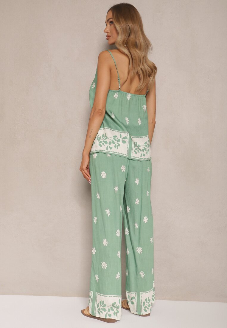h&s Set Mentă Floral din Viscoză Pantaloni și Maiou cu bretele Beldisa