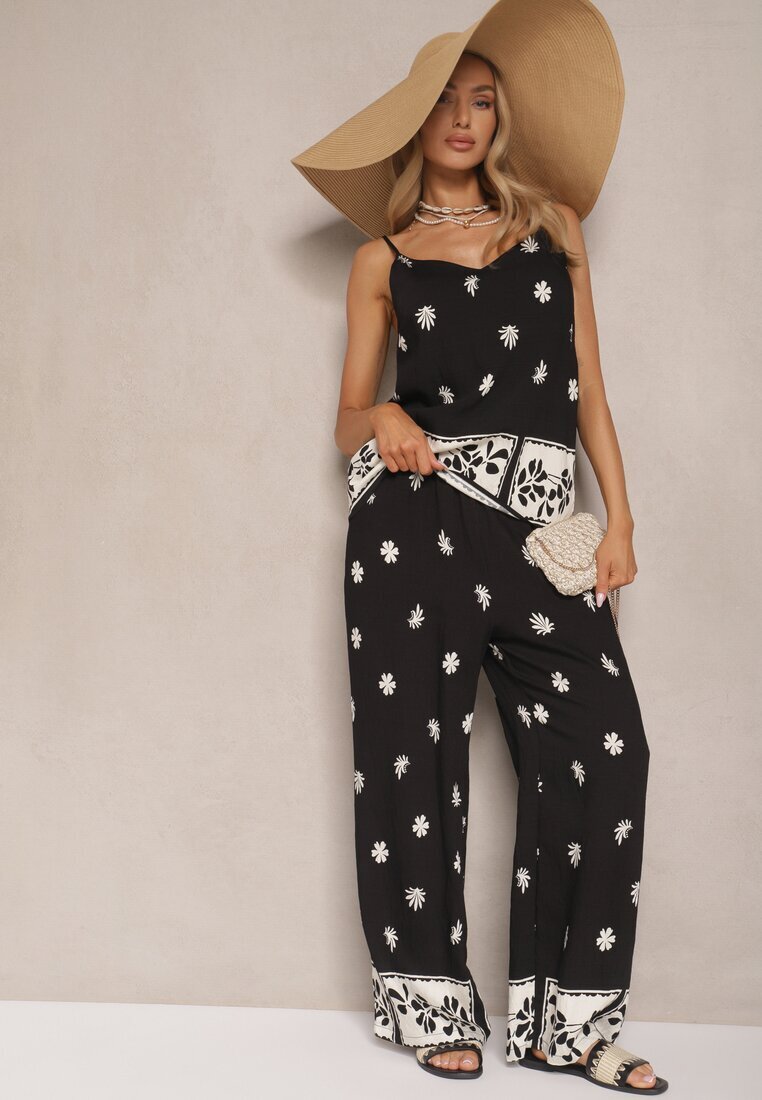 h&s Set Negru Floral din Vâscoză Pantaloni și Maiou cu bretele Beldisa
