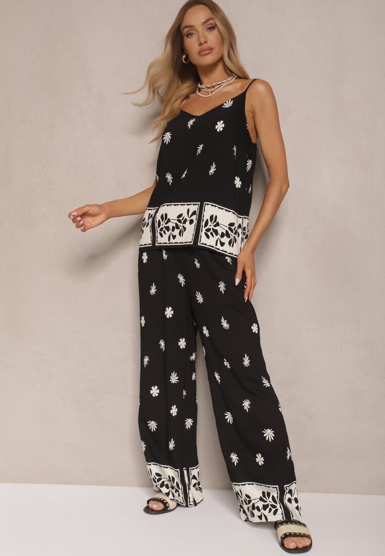 h&s Set Negru Floral din Vâscoză Pantaloni și Maiou cu bretele Beldisa
