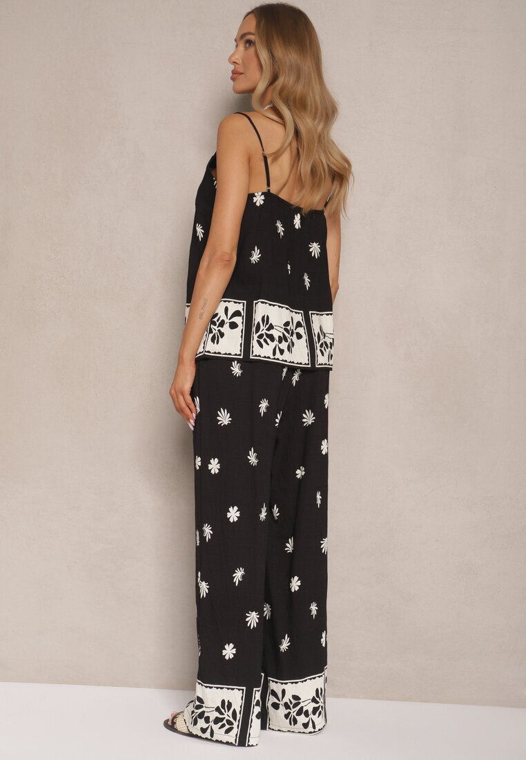 h&s Set Negru Floral din Vâscoză Pantaloni și Maiou cu bretele Beldisa