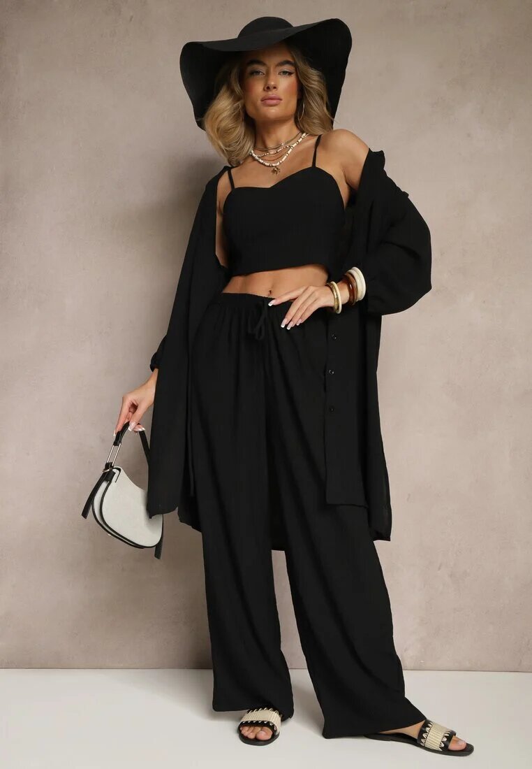 h&s Set Negru Pantaloni cu elastic în talie Top și Cămașă Lungă Arives