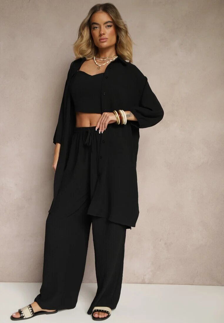 h&s Set Negru Pantaloni cu elastic în talie Top și Cămașă Lungă Arives