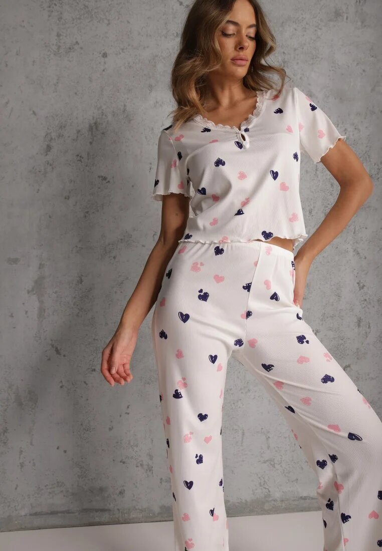 han Set de pijamale elastic alb cu inimioare Pantaloni și Top Isle