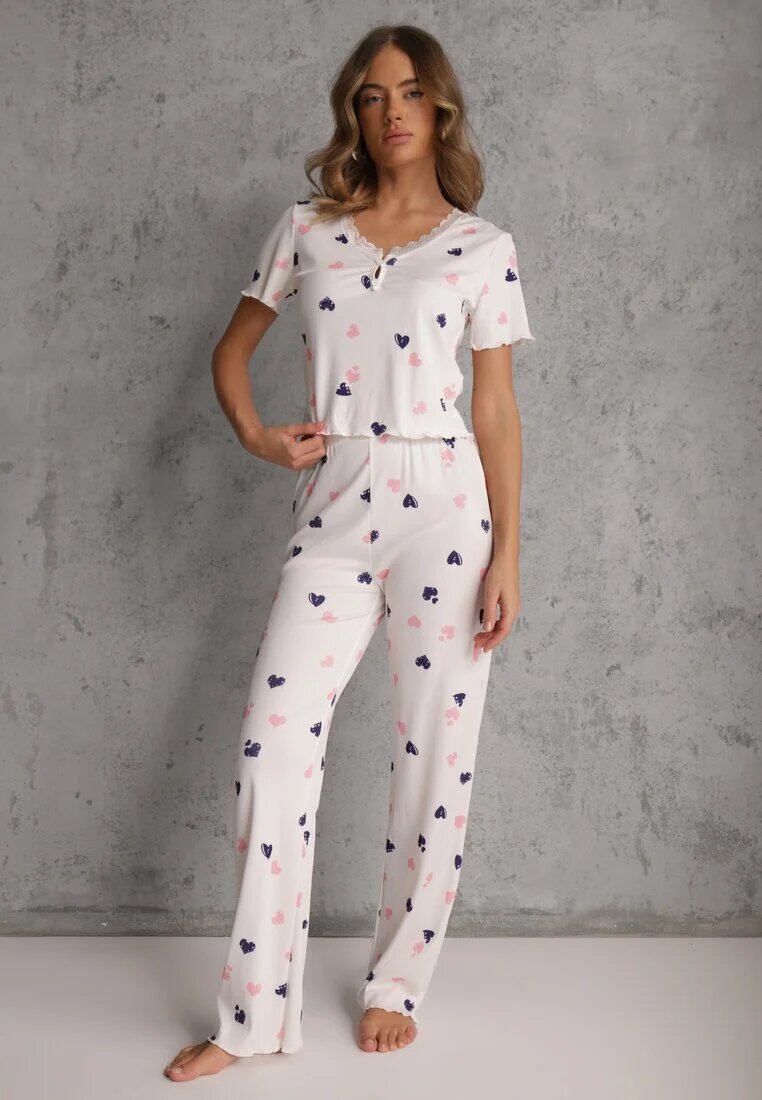 han Set de pijamale elastic alb cu inimioare Pantaloni și Top Isle