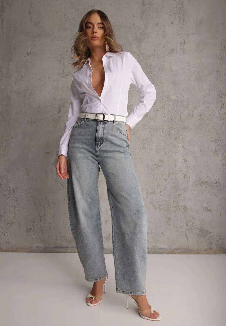 hello miss Blugi Albaștri deschis din Bumbac Barrel Leg High Waist Vezorea
