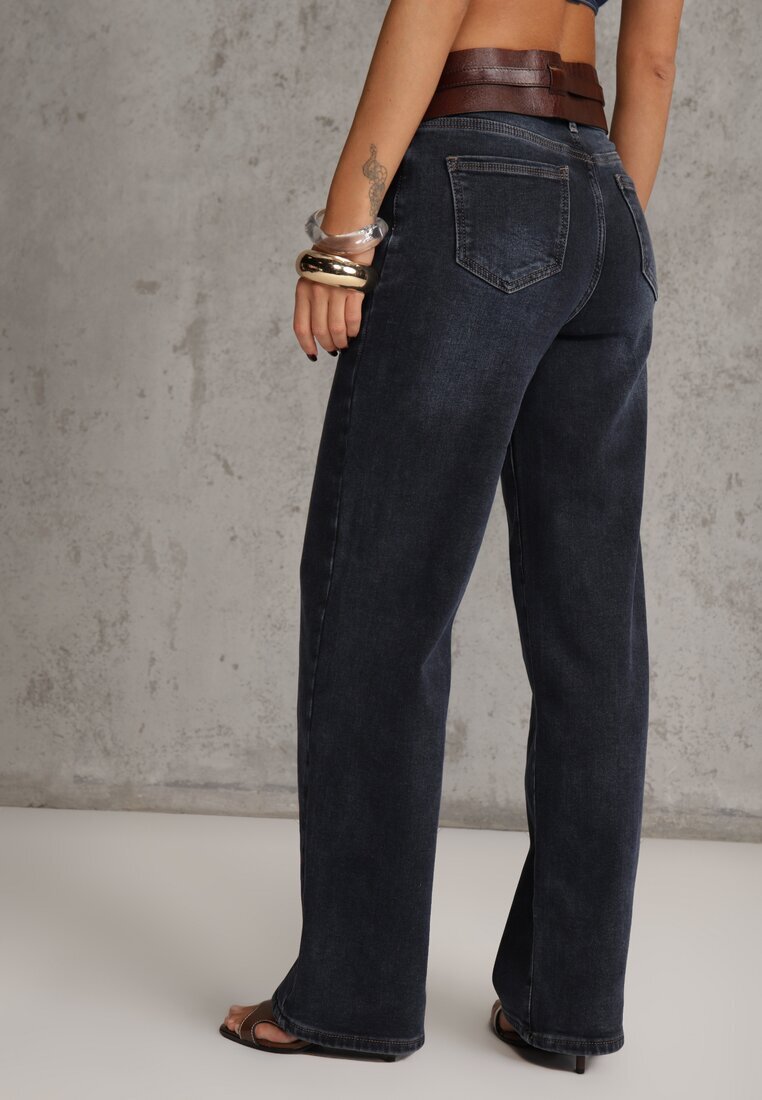 hello miss Blugi Albastri din bumbac cu croială High Waist Straight Leg Rhaenithe
