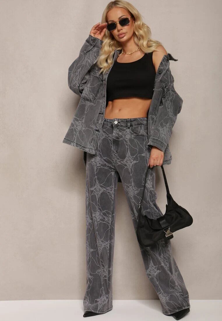 hello miss Blugi gri închis din bumbac High Waist largi cu model abstract Orithiia