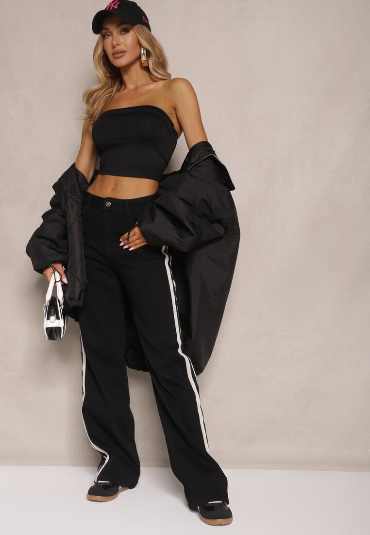 hello miss Blugi Negri High Waist cu Croi Larg cu Dungi Decorative Ulivira