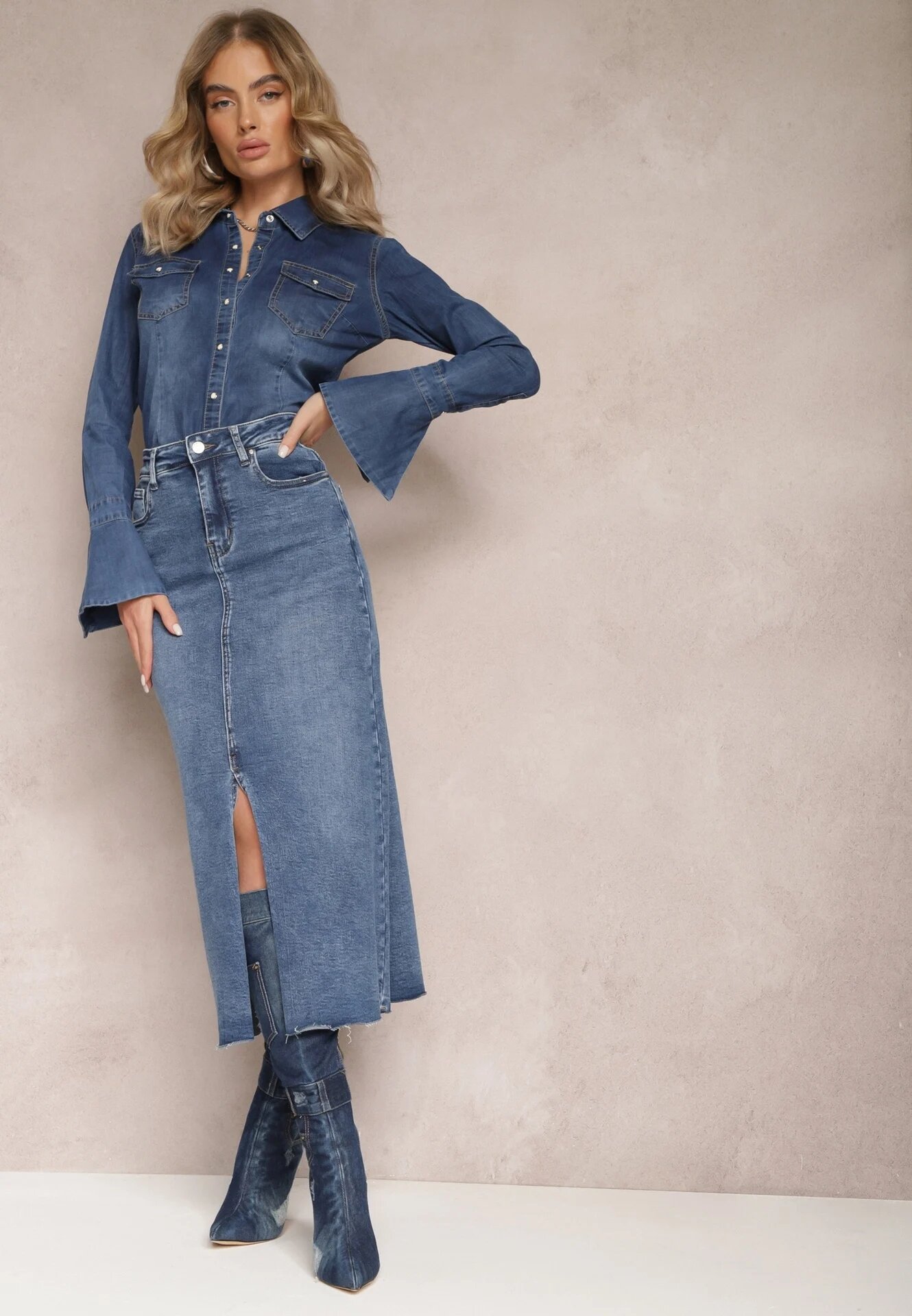 hello miss Fustă Maxi Albastră cu Despicătură din Denim Vonuline