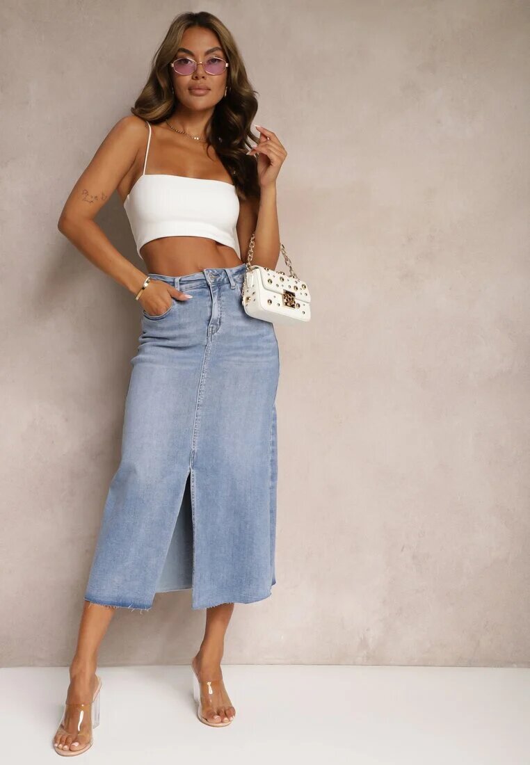 hello miss Fustă Maxi albastru deschis cu șliț din denim Vonuline