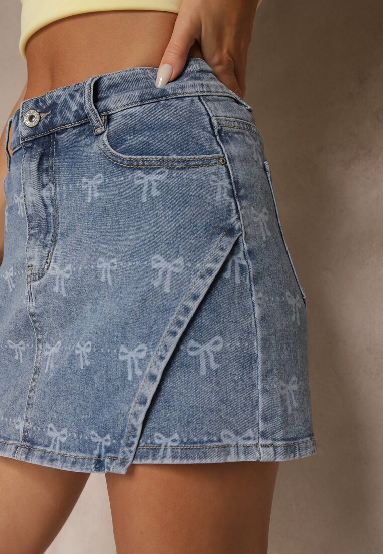 hello miss Fustă-Pantaloni scurți Albastru Din denim Decorată cu imprimeu cu fundițe Millesa