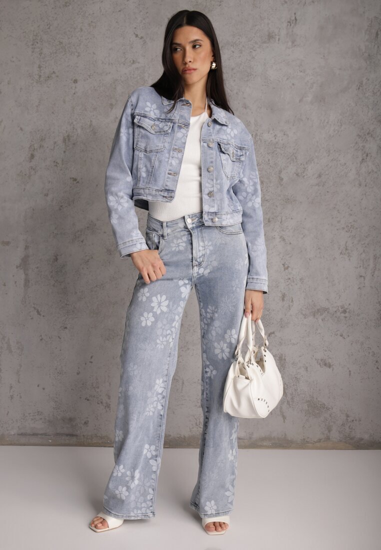 hello miss Jachetă de blugi albastră Cropped din Bumbac și Viscoză cu Imprimeu floral Malwira