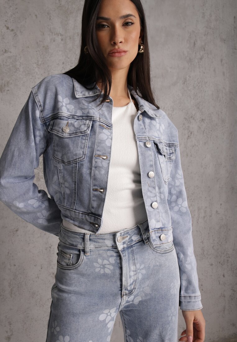 hello miss Jachetă de blugi albastră Cropped din Bumbac și Viscoză cu Imprimeu floral Malwira