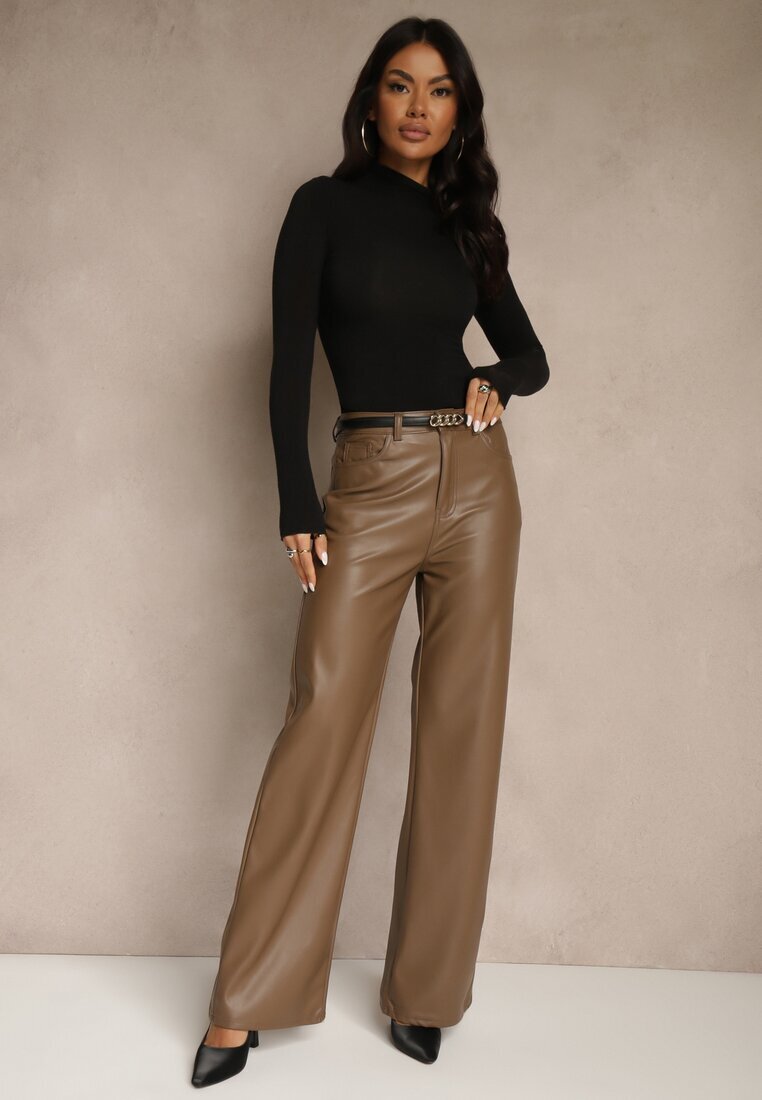 hello miss Pantaloni largi maro deschis High Waist din imitație de piele Curbelo