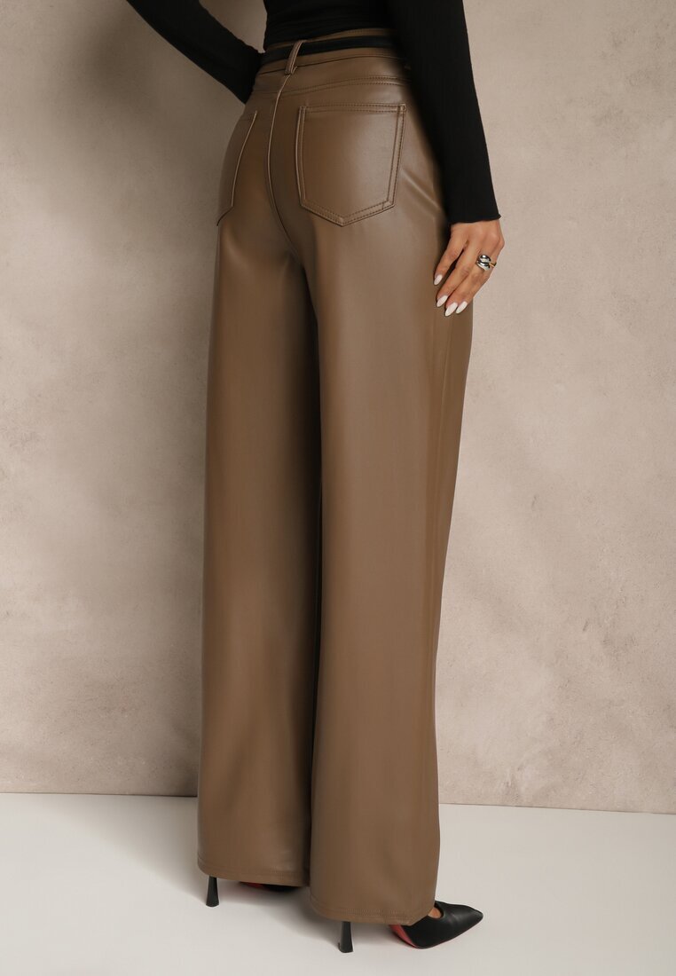 hello miss Pantaloni largi maro deschis High Waist din imitație de piele Curbelo