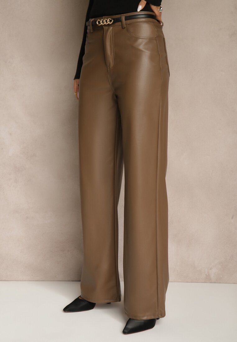 hello miss Pantaloni largi maro deschis High Waist din imitație de piele Curbelo