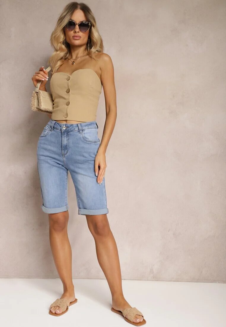 hello miss Pantaloni scurți Albaștri din denim cu talie înaltă cu adaos de bumbac și rupturi Nelvanis