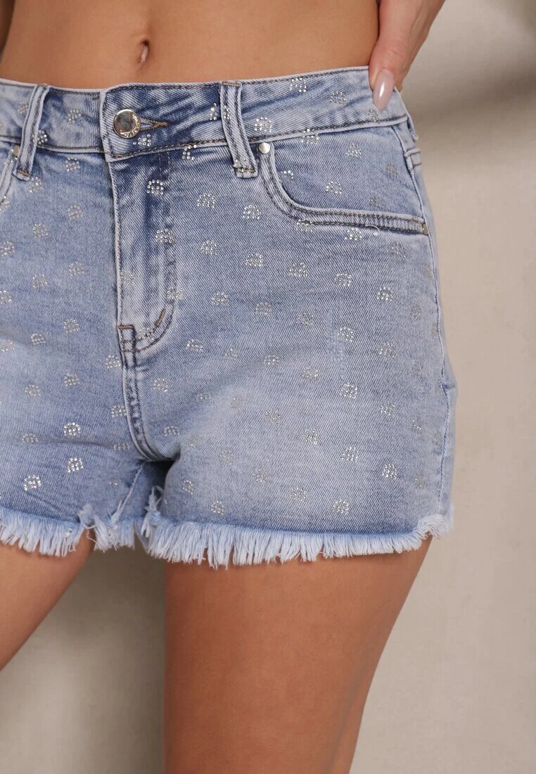 hello miss Pantaloni scurți din denim și bumbac albaștri deschiși franjurați și decorați cu buline Folorisse