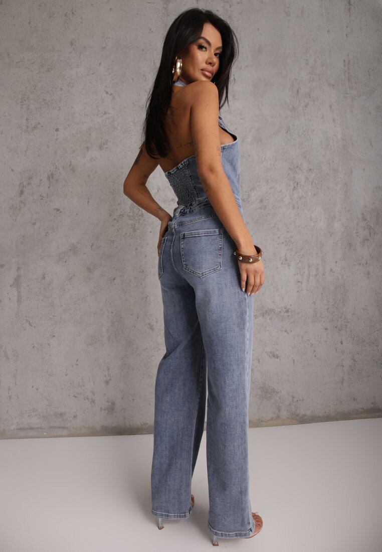 hello miss Salopetă Albastră din Bumbac Denim cu Decolteu Halter și Guler Edaviann