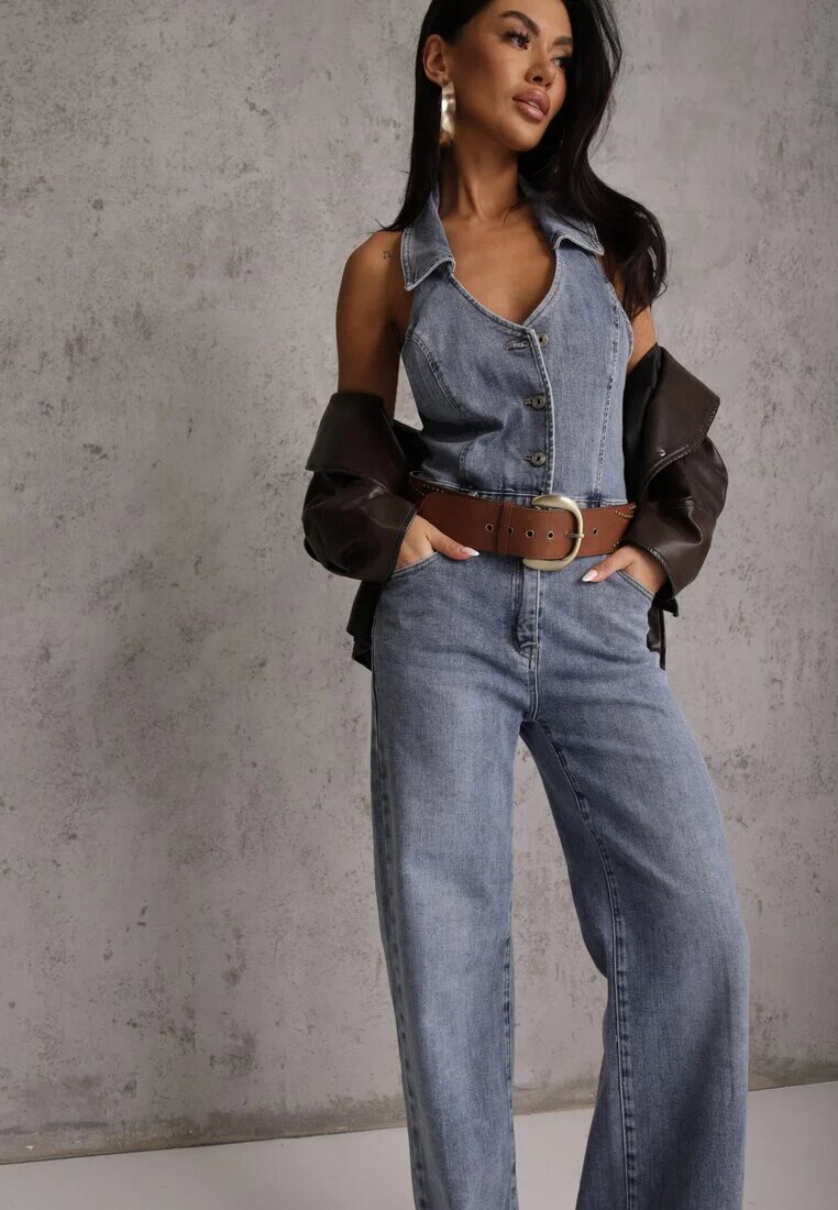 hello miss Salopetă Albastră din Bumbac Denim cu Decolteu Halter și Guler Edaviann
