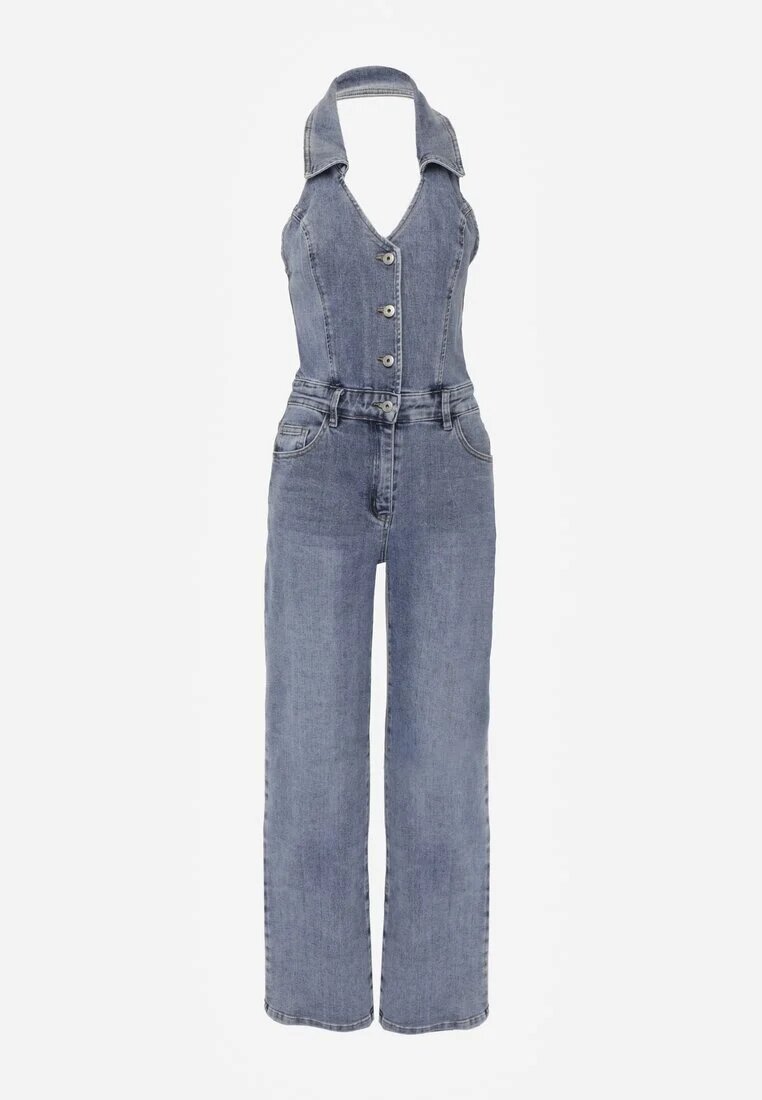 hello miss Salopetă Albastră din Bumbac Denim cu Decolteu Halter și Guler Edaviann