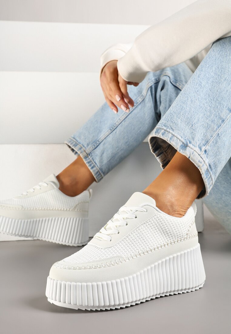 ideal Adidași Albi pe Platformă Embosată cu Cusături Decorative Faloviela