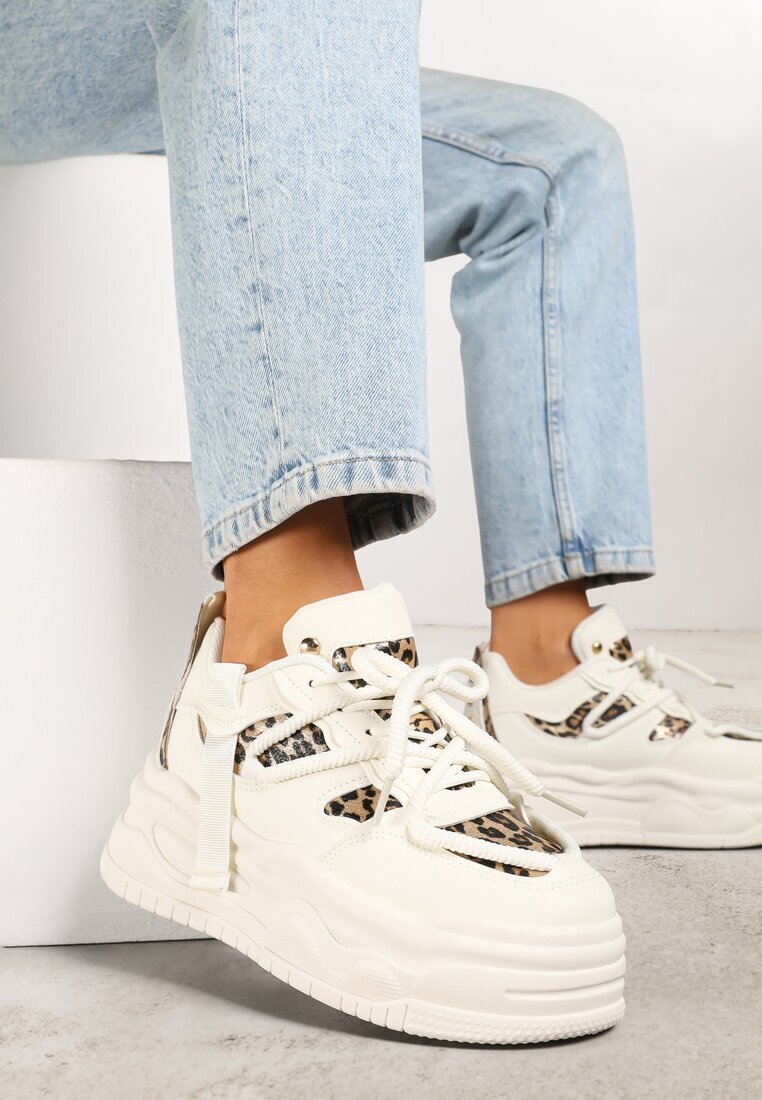 ideal Adidași bej și leopard în stil Streetwear pe platformă reliefată cu sclipici Mailienne