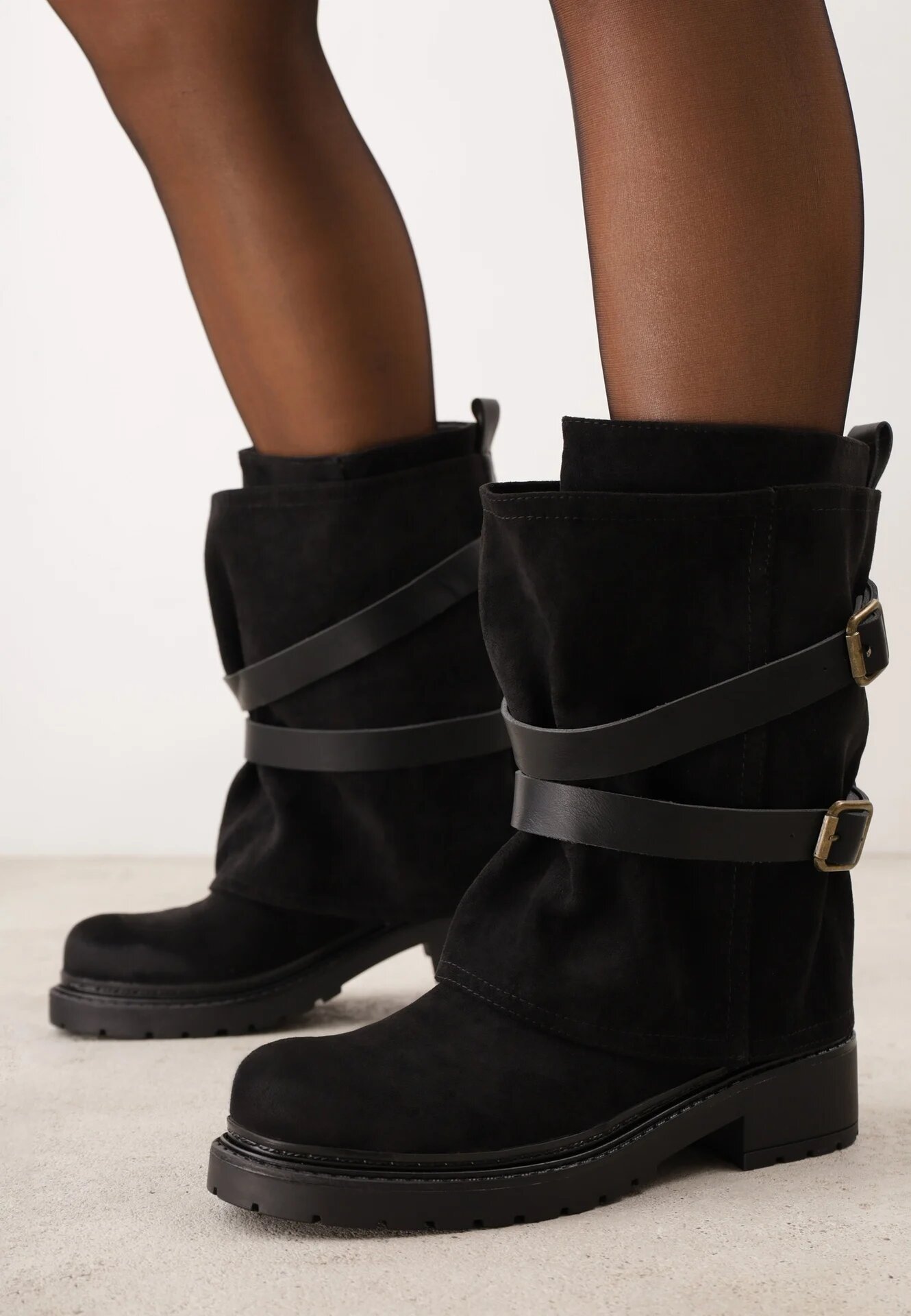 ideal Botine biker cu carâmb stratificat decorate cu două curele și catarame Cressa Negre