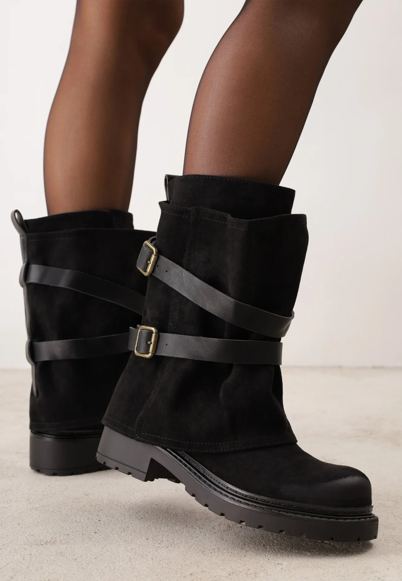 ideal Botine biker cu carâmb stratificat decorate cu două curele și catarame Cressa Negre