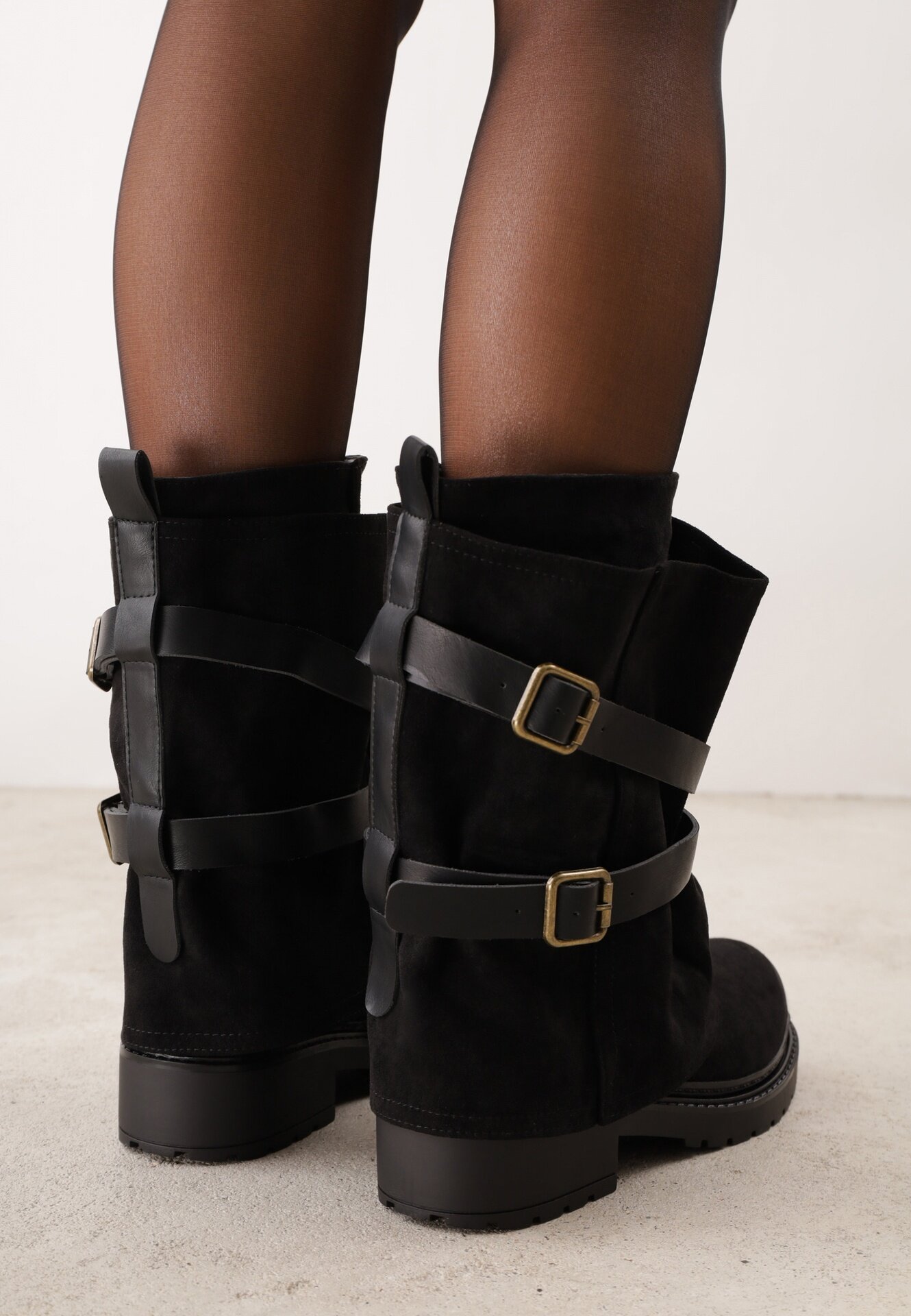 ideal Botine biker cu carâmb stratificat decorate cu două curele și catarame Cressa Negre
