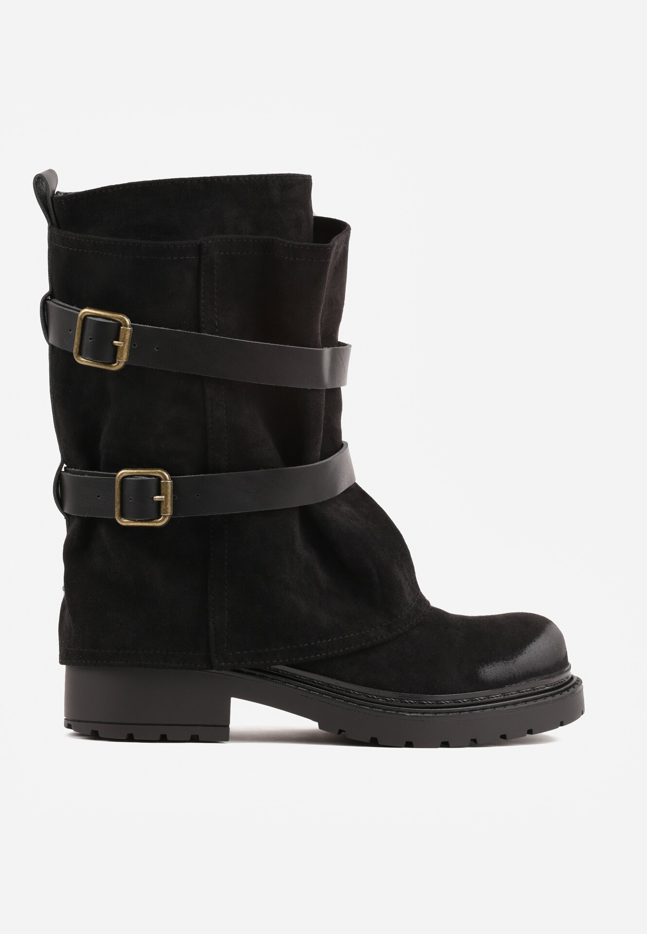ideal Botine biker cu carâmb stratificat decorate cu două curele și catarame Cressa Negre