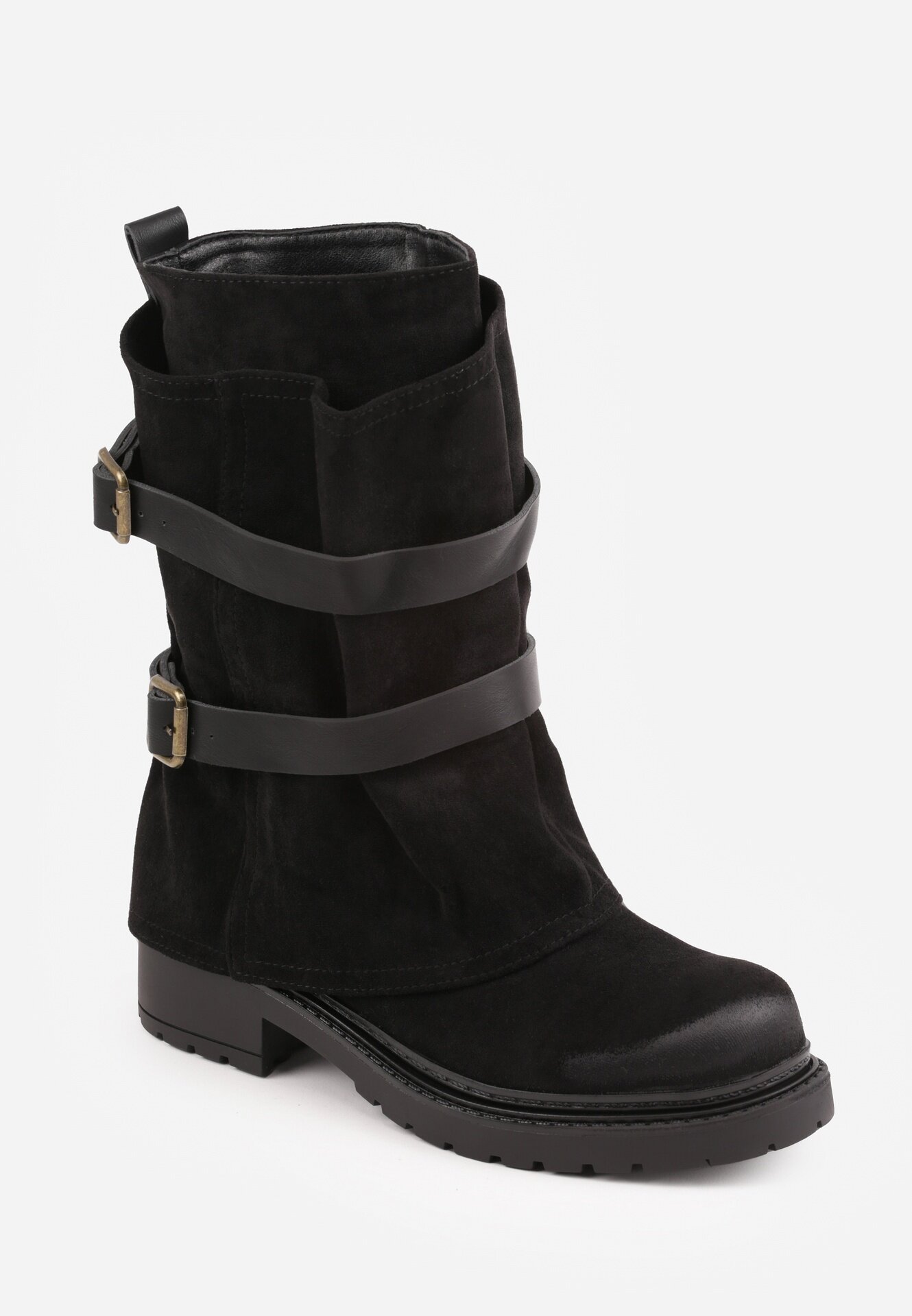 ideal Botine biker cu carâmb stratificat decorate cu două curele și catarame Cressa Negre