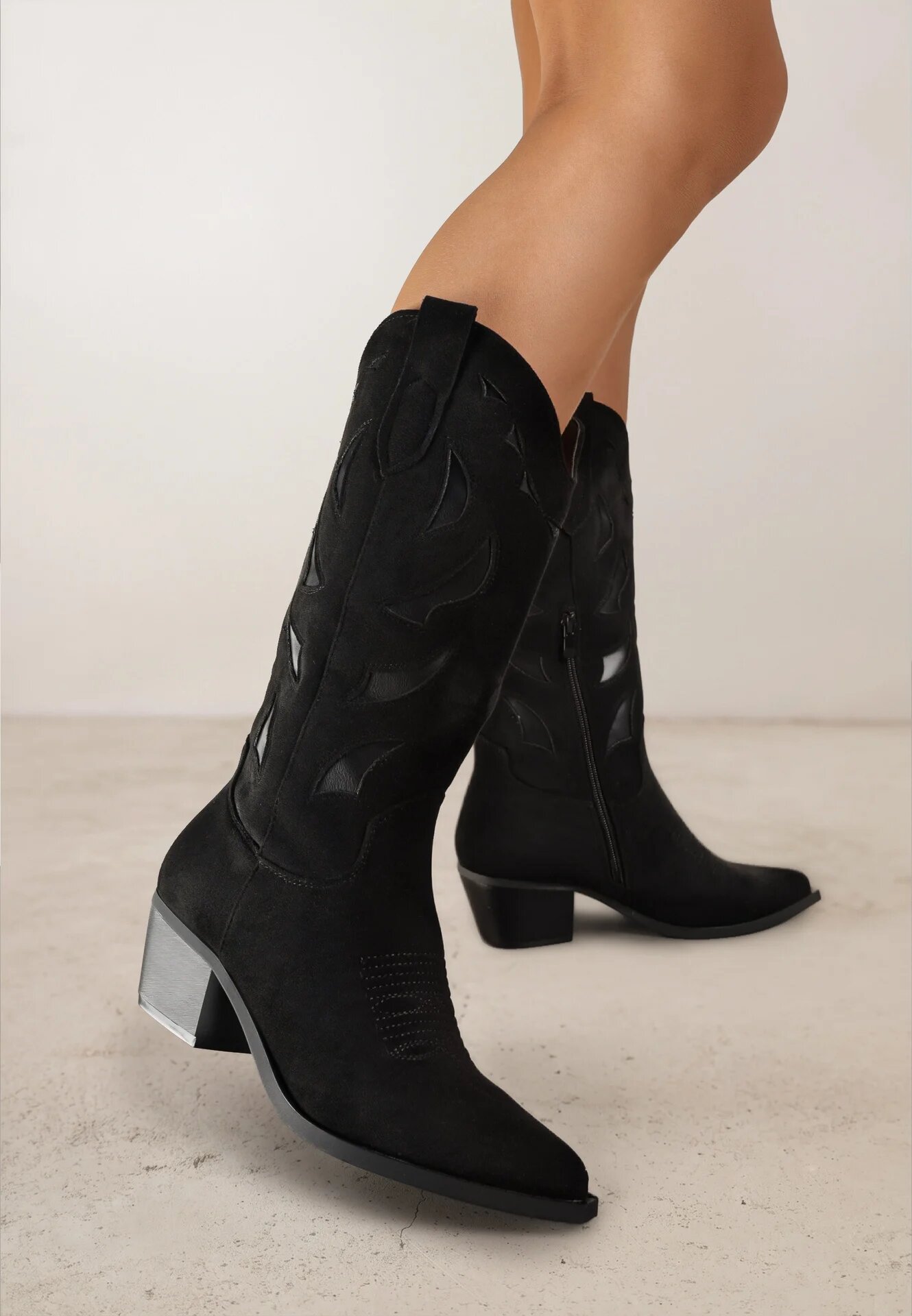 ideal Botine Negre cu Toc Conic în Stil Western decorate cu Motive Geometrice Latiresa
