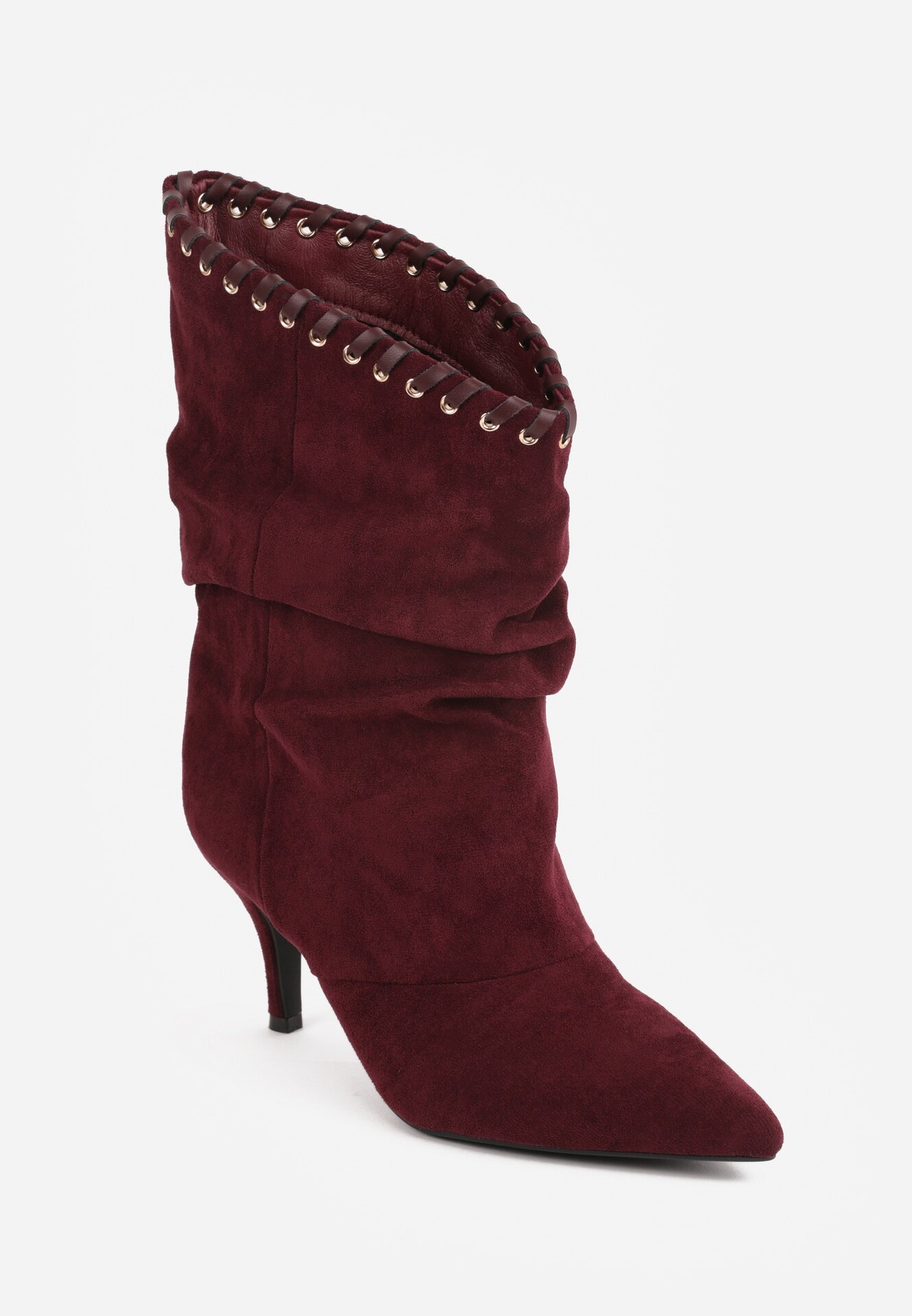 ideal Botine Slouchy cu toc stiletto din imitație de piele întoarsă cu ochiuri metalice decorative Tallie Bordo