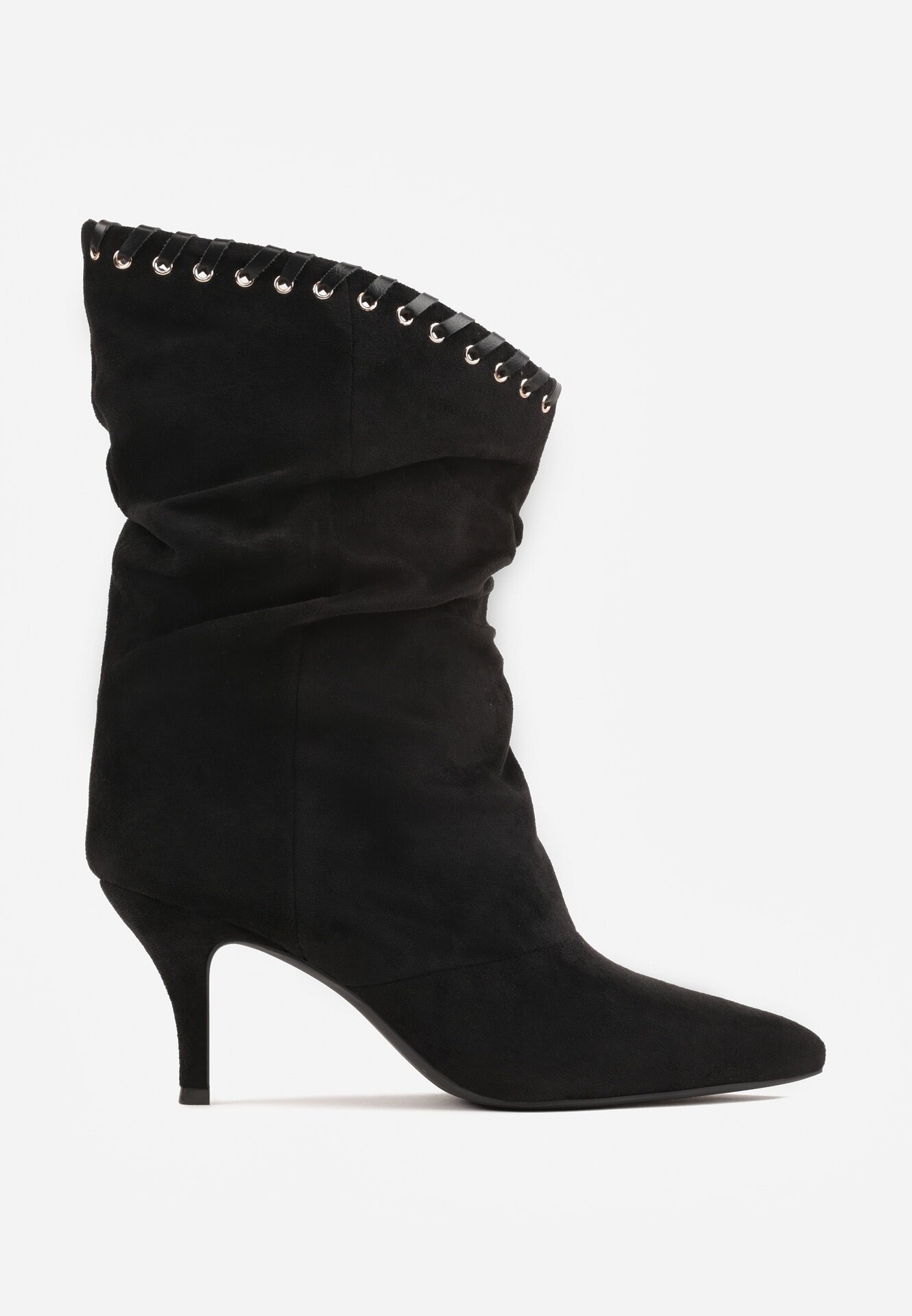ideal Botine Slouchy cu toc stiletto din imitație de piele întoarsă cu ochiuri metalice decorative Tallie Negre