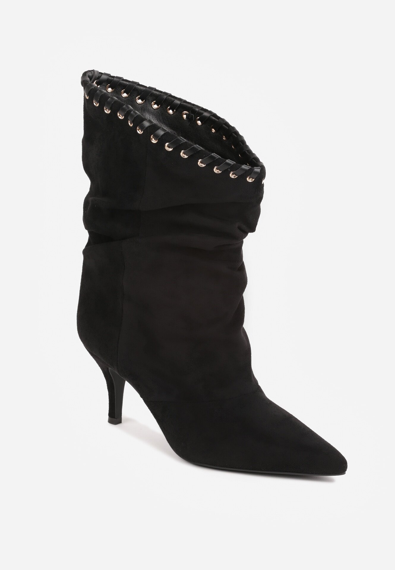 ideal Botine Slouchy cu toc stiletto din imitație de piele întoarsă cu ochiuri metalice decorative Tallie Negre