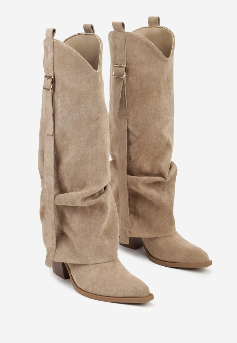 ideal Cizme bej închise pe toc conic stil cowboy decorate cu cataramă și cu carâmb răsfrânt Nalirella