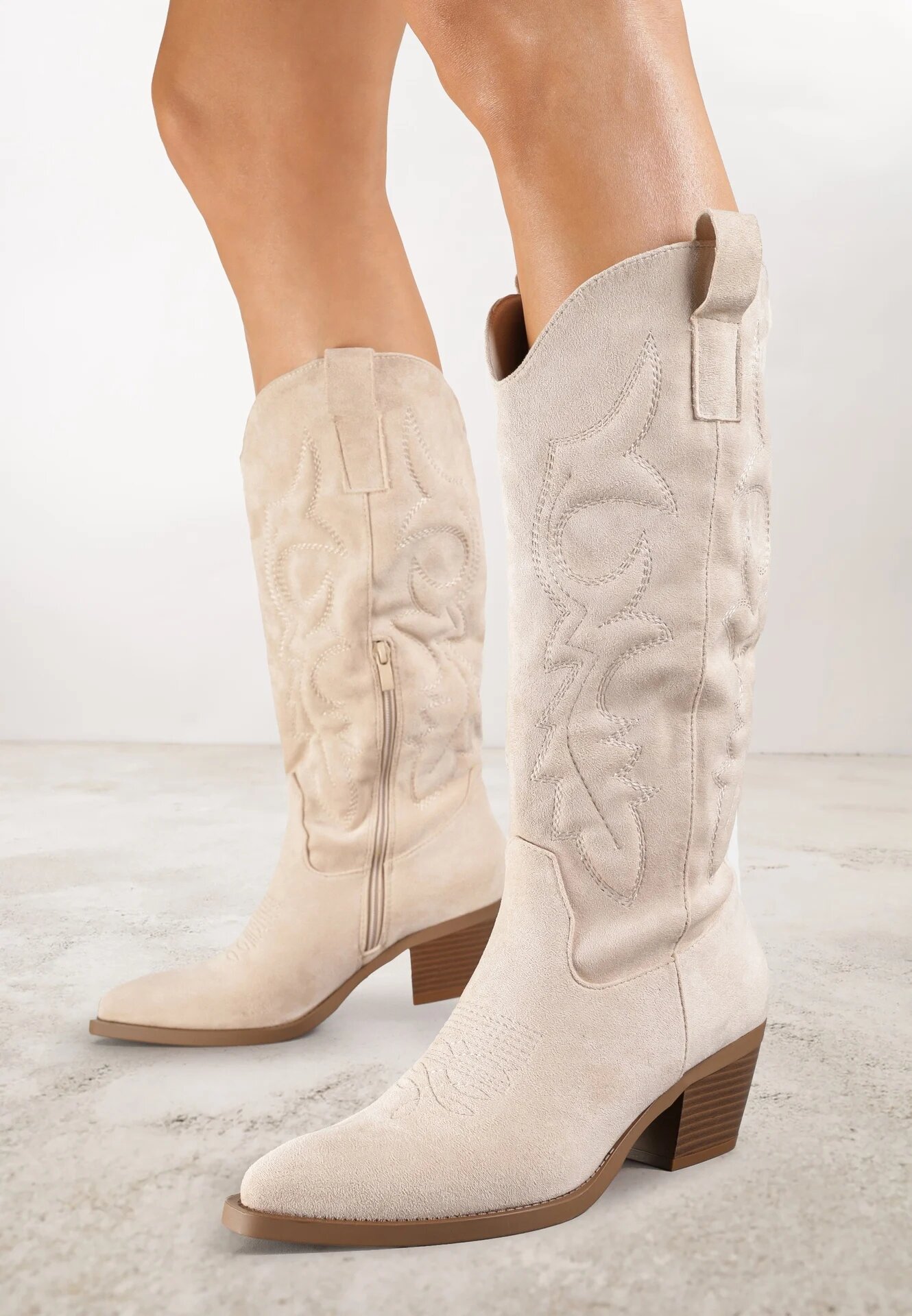 ideal Cizme Bej Stil Cowboy în Stil Clasic din Imitație de Piele Întoarsă Rilamira