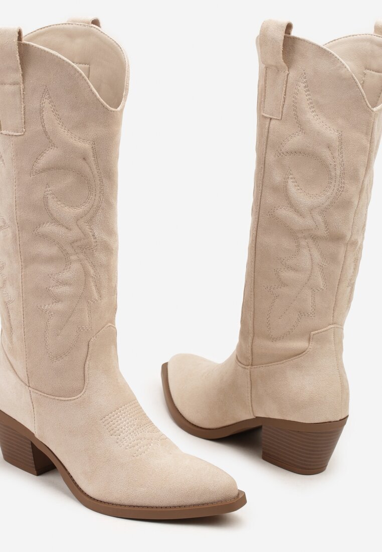 ideal Cizme Bej Stil Cowboy în Stil Clasic din Imitație de Piele Întoarsă Rilamira