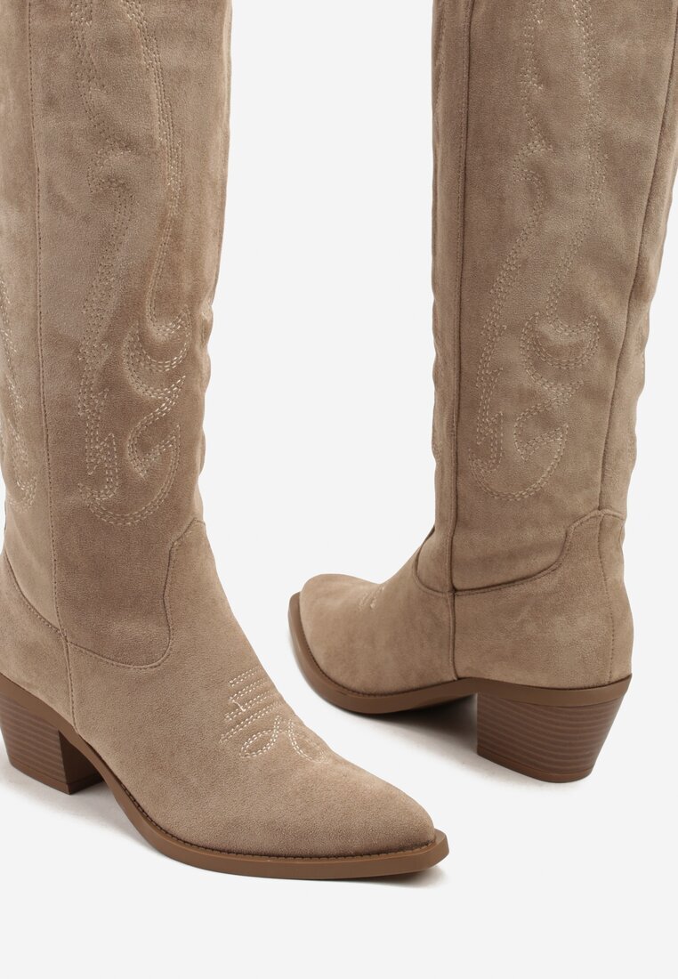 ideal Cizme Cowboy Bej închis în Stil Clasic din Imitație de Piele Întoarsă Lataselia