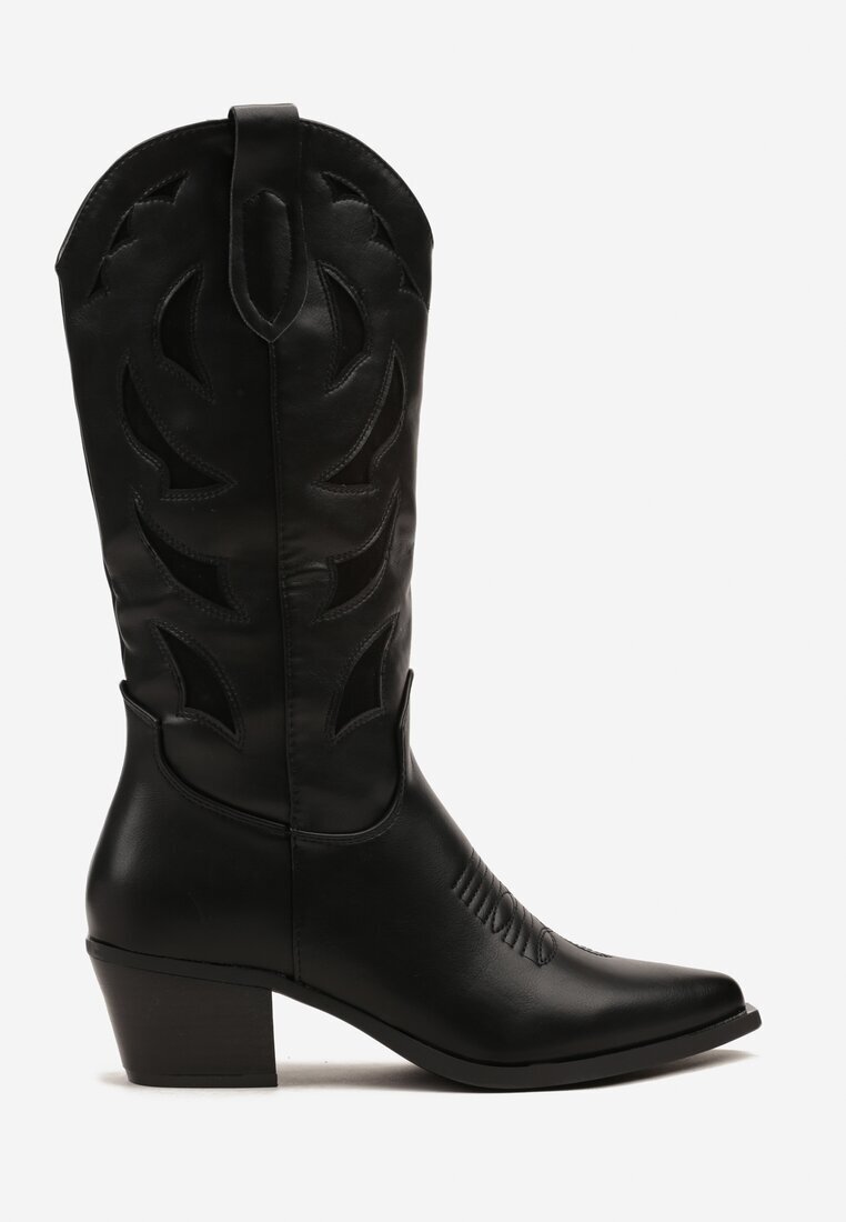 ideal Cizme Negre pe Toc Gros în Stil Cowboy Decorate cu Relief Latimesa