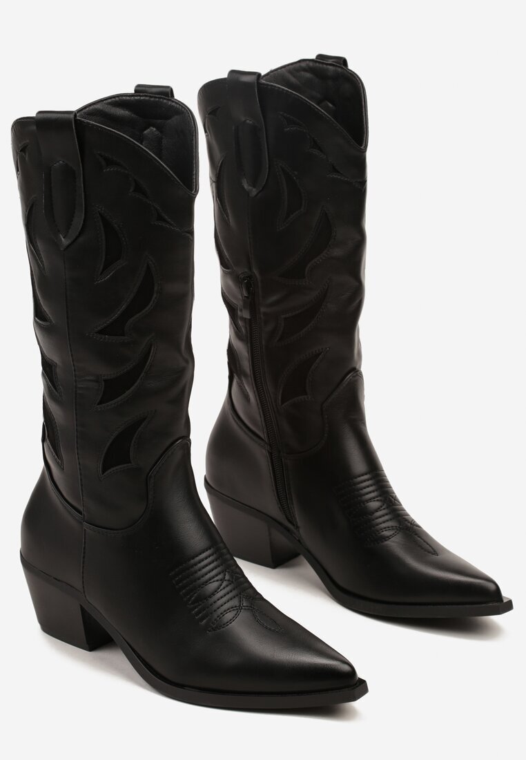 ideal Cizme Negre pe Toc Gros în Stil Cowboy Decorate cu Relief Latimesa