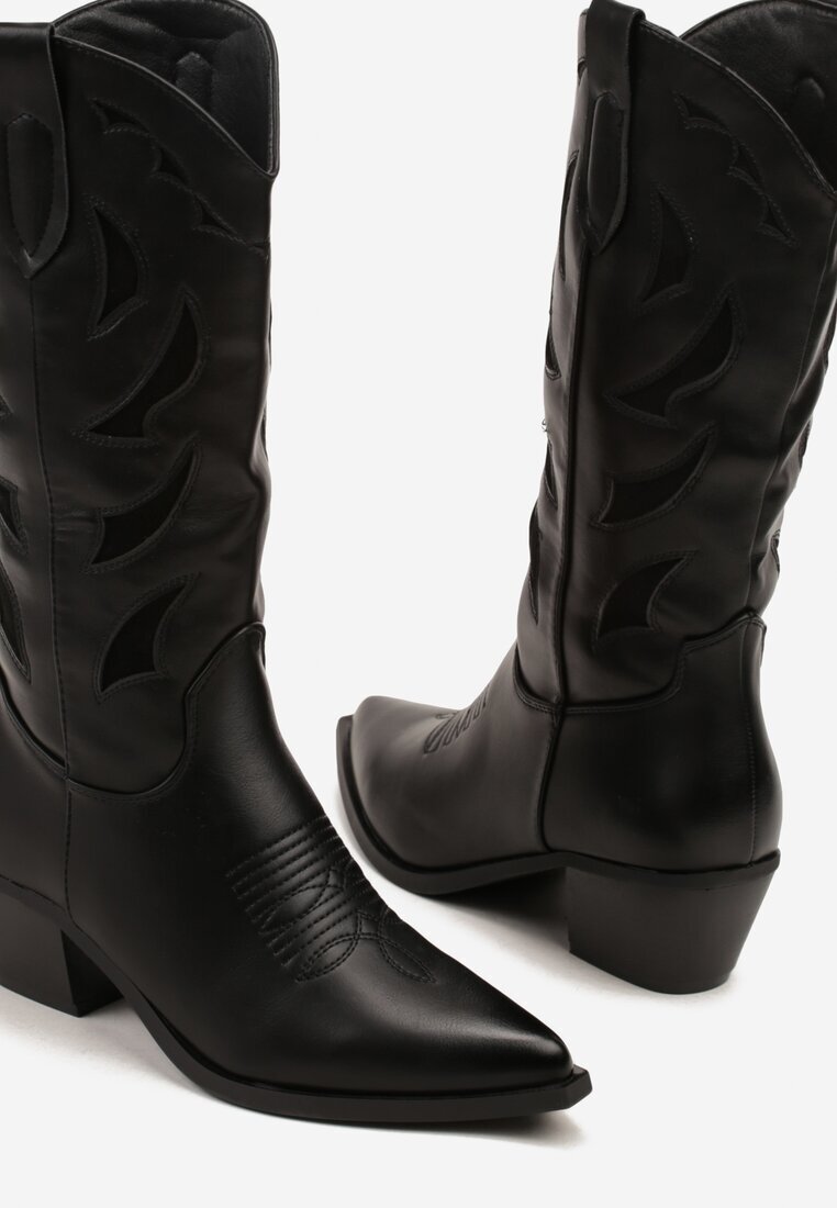 ideal Cizme Negre pe Toc Gros în Stil Cowboy Decorate cu Relief Latimesa