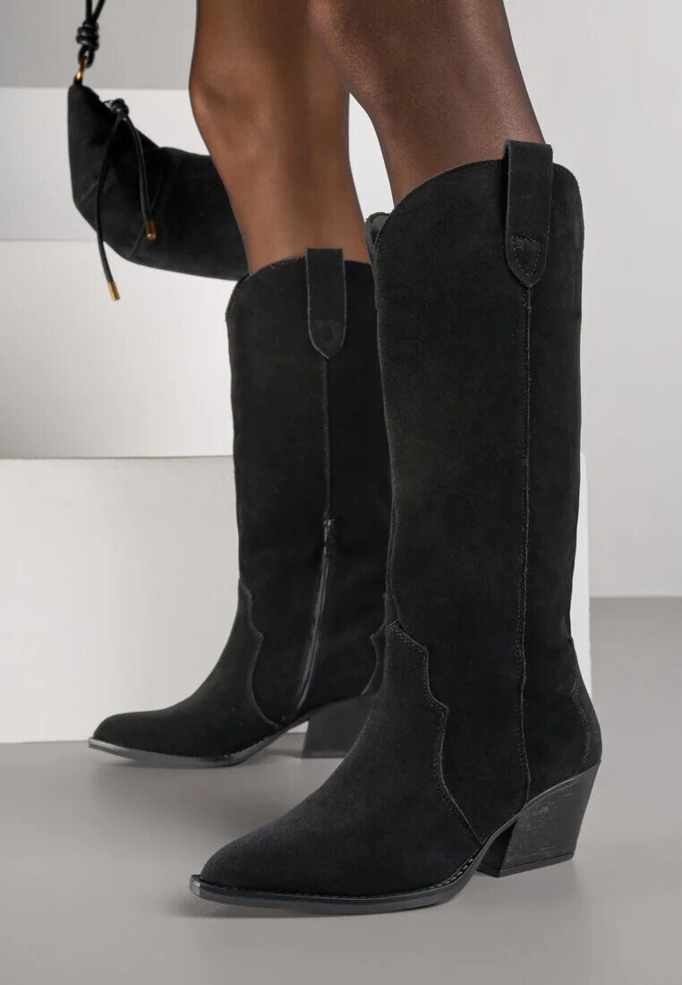 ideal Cizme Negre Stil cowboy cu toc conic din piele intoarsă naturală Adeora