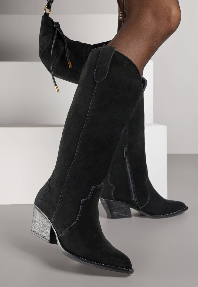 ideal Cizme Negre Stil cowboy cu toc conic din piele intoarsă naturală Adeora