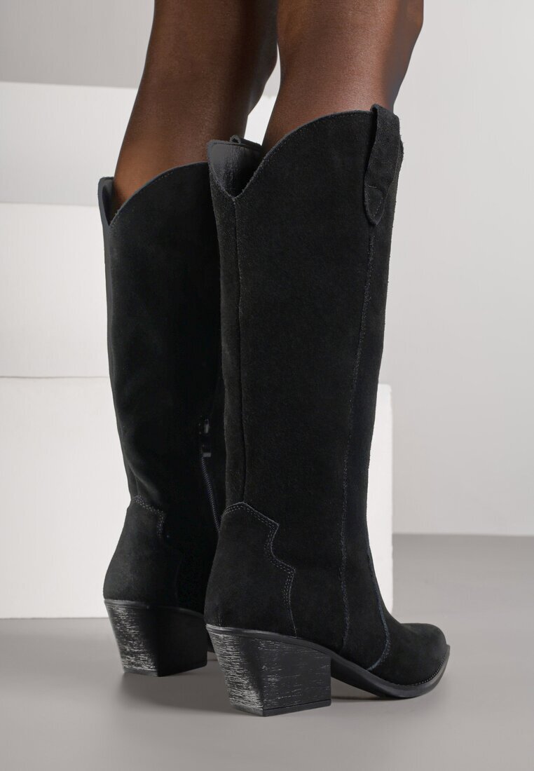 ideal Cizme Negre Stil cowboy cu toc conic din piele intoarsă naturală Adeora