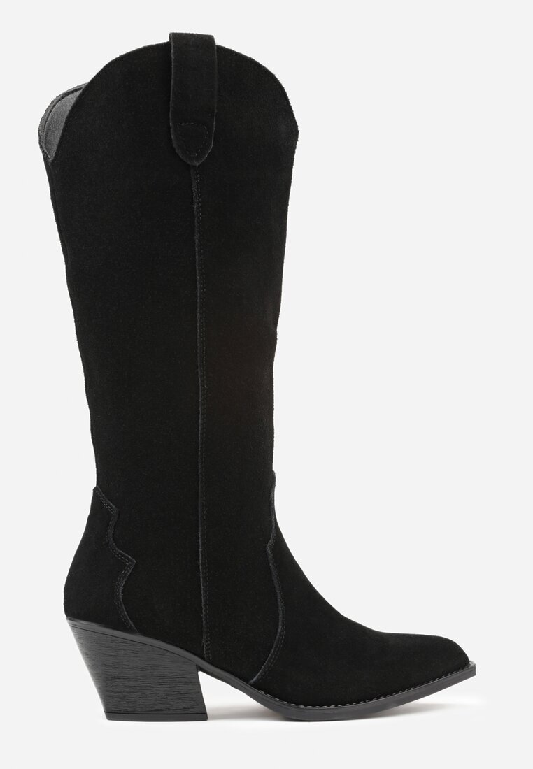 ideal Cizme Negre Stil cowboy cu toc conic din piele intoarsă naturală Adeora